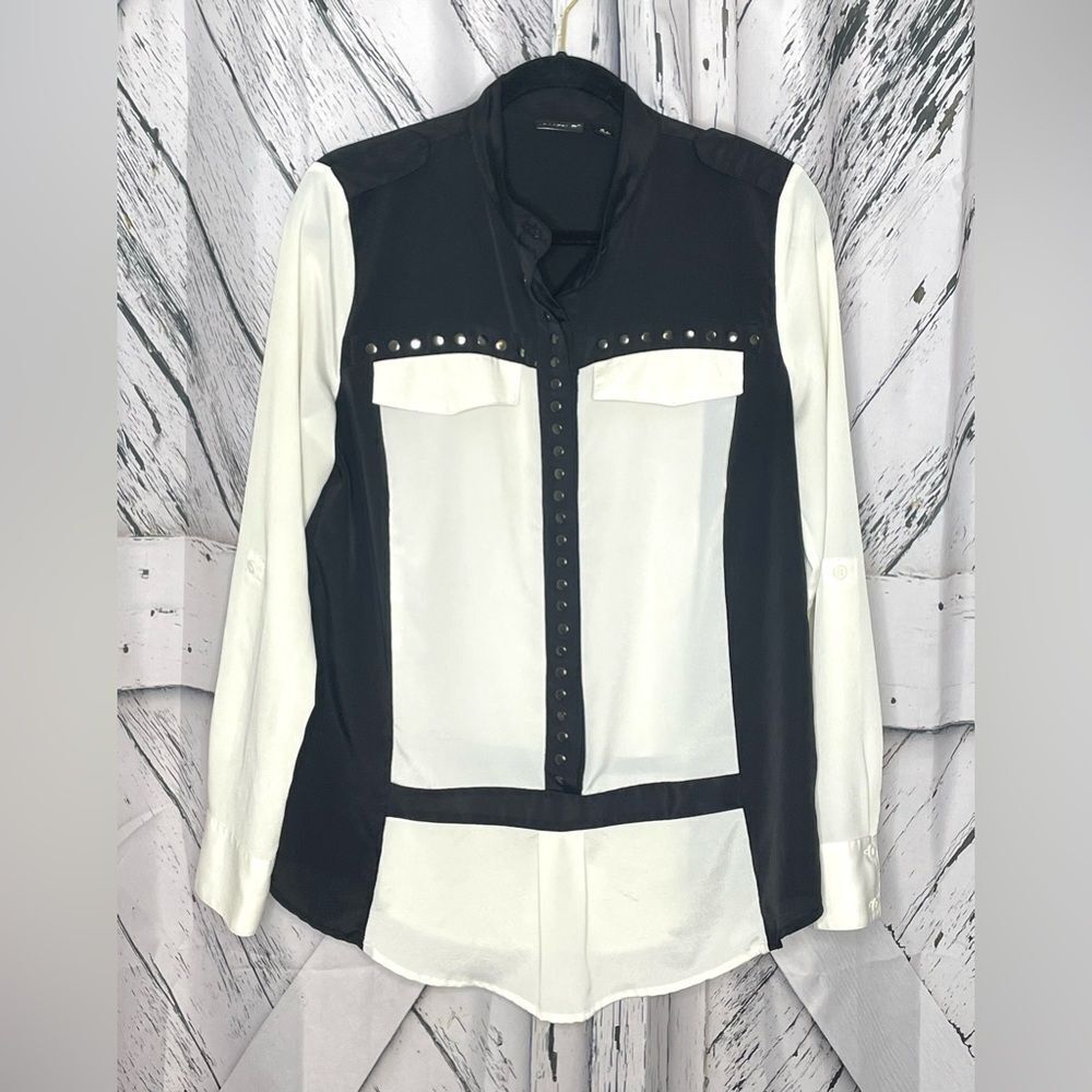 Allen B by Allen Schwartz Color Block Blouse Black & Cream M